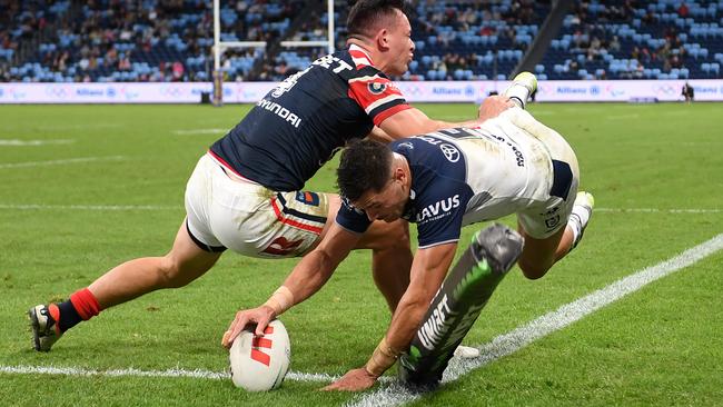NRL 2024 RD13 Sydney Roosters v North Queensland Cowboys – Braidon Burns, try, celeb. Picture: NRL Photos