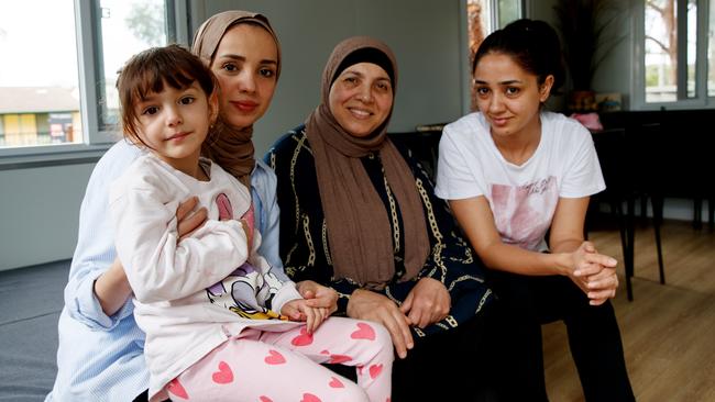 Tahani Dawwas, daughters Mariam, left, and Suzie, and granddaughter Sophie escaped the horrors of war-ravaged Gaza to live in Australia. Picture: Nikki Short