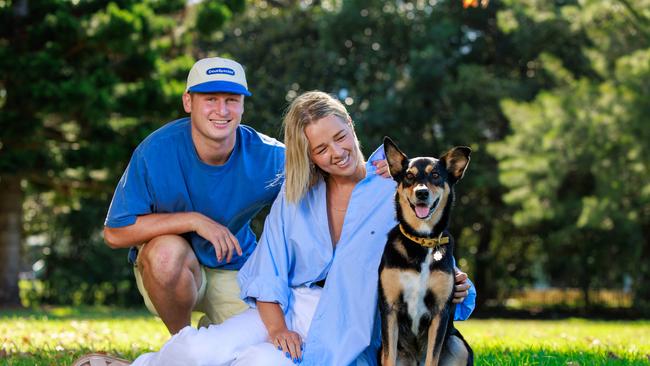 Lauren Rutter and Tom Cleary with their dog Roo. Picture: Justin Lloyd.