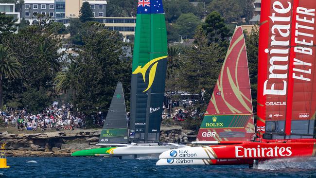 Australia and Great Britain had a great battle on day one. Picture: Felix Diemer/SailGP.