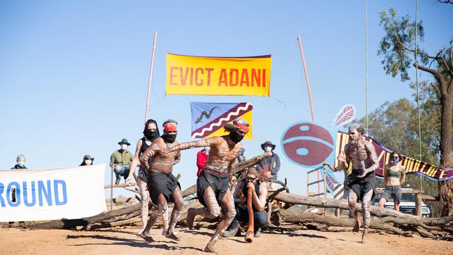 Wangan and Jagalingou tribal people block access to the Adani Carmichael Coal Mine on Monday, August 24, 2020.