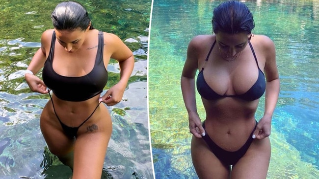 Chaney Jones (left) mirrored Kim Kardashian’s bikini photo shoot (right) in a series of snaps posted to her Instagram Story. Picture: chaneyjonesssss/Instagram/kimkardashian/Instagram