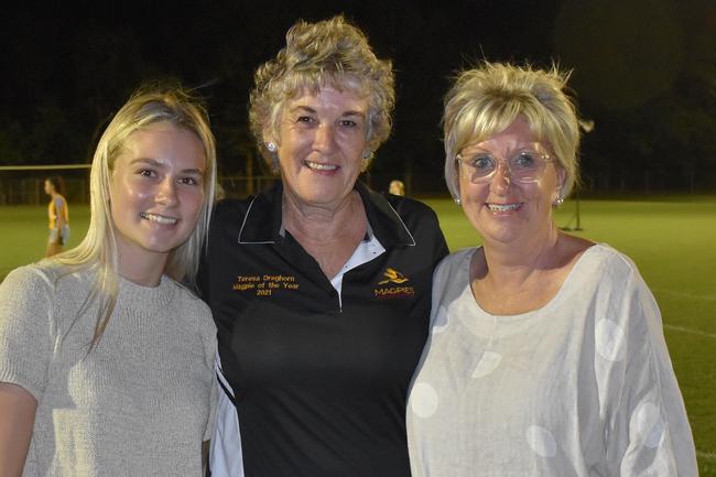 Magpies Premier League sponsor Explore Property's Shania Richardson (left) and Maxine Richardson with Magpies Netball Club stalwart and founder, Teresa Dreghorn. Teresa was named a club life member at the 2022 season launch, Saturday, March 19, 2022. Picture: Tara Miko