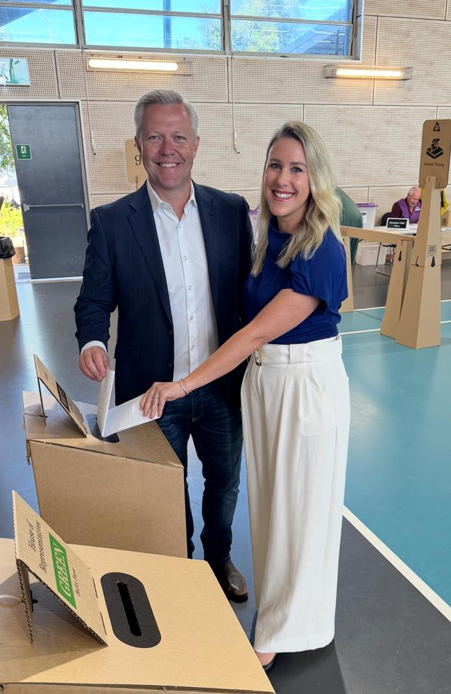 Fadden MP Cameron Caldwell and his wife Lauren voting at Coomera River State School on Federal Election day, May 03, 2025. Picture: Andrew Potts