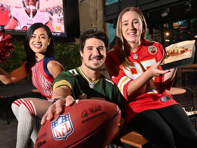 4/2/2021. AdelaideÃs biggest Superbowl party will be held at The District at SkyCity on Monday, February 8 - Cheerleader Chymz Angeles, Zach Stewart and Renee Carr. Picture: Keryn Stevens