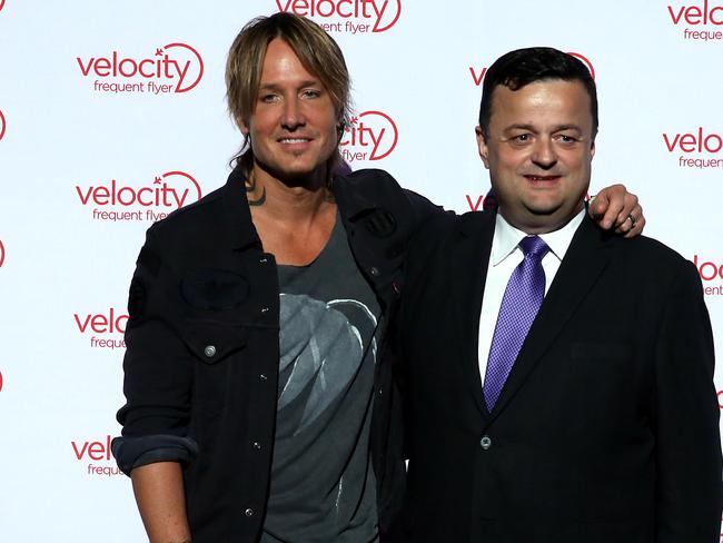 29/09/2016: (L-R) Velocity ambassador Keith Urban with CEO Karl Schuster launching Virgin Australia's Frequent Flyer program. Velocity's new program is giving its members access to pre-sale concert tickets and exclusive entertainment offers. Jane Dempster/The Australian.