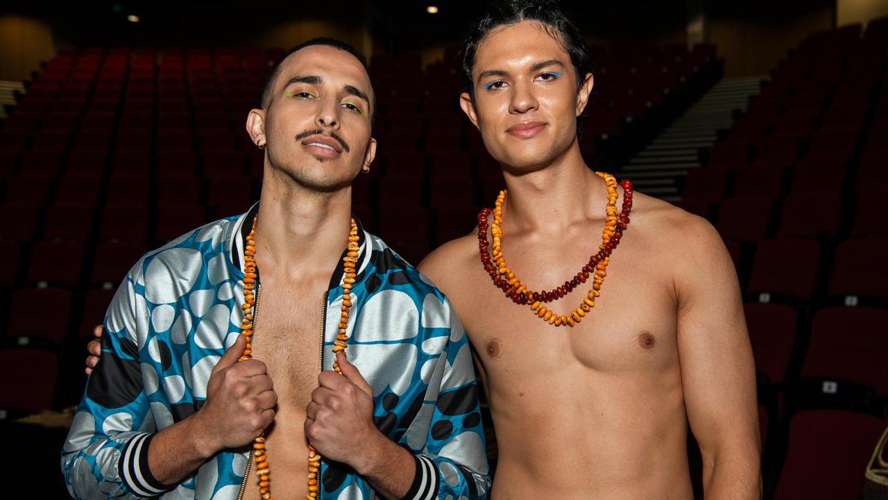 Lucas James and Lucas Schober at the 2024 Country to Couture at the Darwin Convention Centre showcases hand-designed First Nations fashion. Picture: Pema Tamang Pakhrin