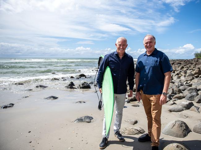 World Surf League Asia Pacific president, Andrew Stark, and Experience Gold Coast chief executive, John Warn. Picture: Tom Bennett.