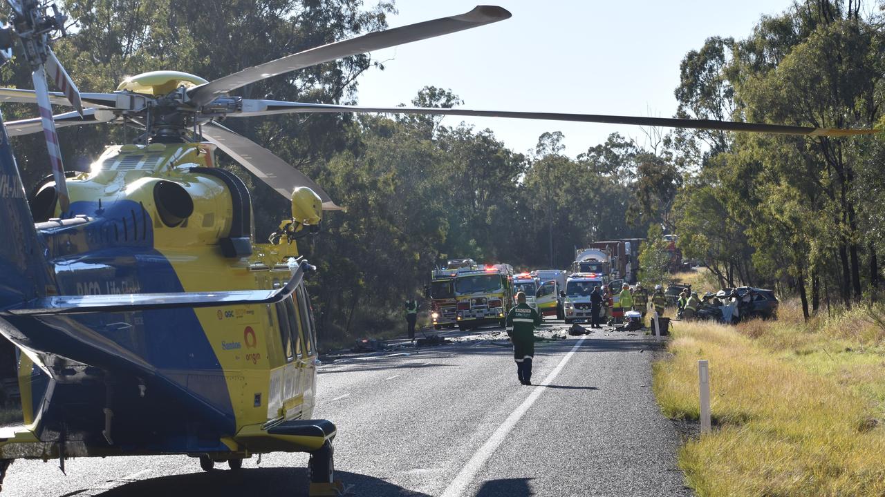 Emergency services attend the scene of a fatal truck and car collision on the Gore Highway at Millmerran Downs, July 22 2021.