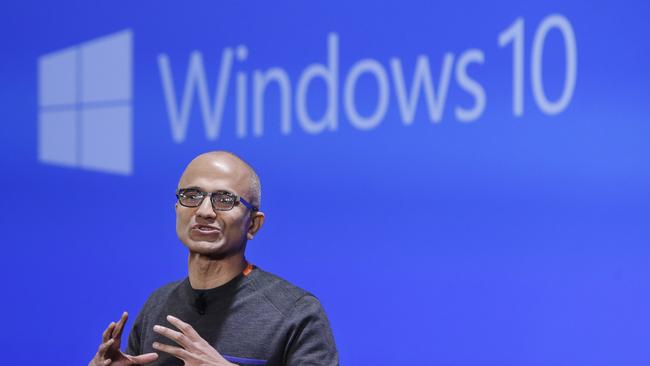 Microsoft CEO Satya Nadella demonstrates the new features of Windows 10.