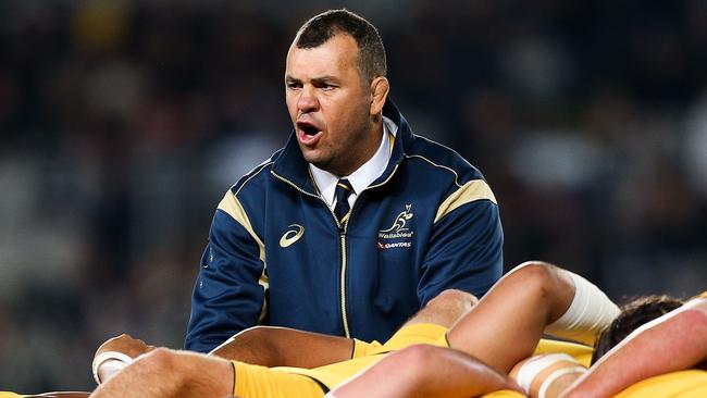 AUCKLAND, NEW ZEALAND - AUGUST 15: Coach Michael Cheika of the Wallabies talks to his players during The Rugby Championship, Bledisloe Cup match between the New Zealand All Blacks and the Australian Wallabies at Eden Park on August 15, 2015 in Auckland, New Zealand. (Photo by Hagen Hopkins/Getty Images)