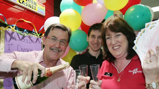 2008: Gary Baildon at his Pacific Pines Newsagency after selling the winning Gold Lotto ticket.