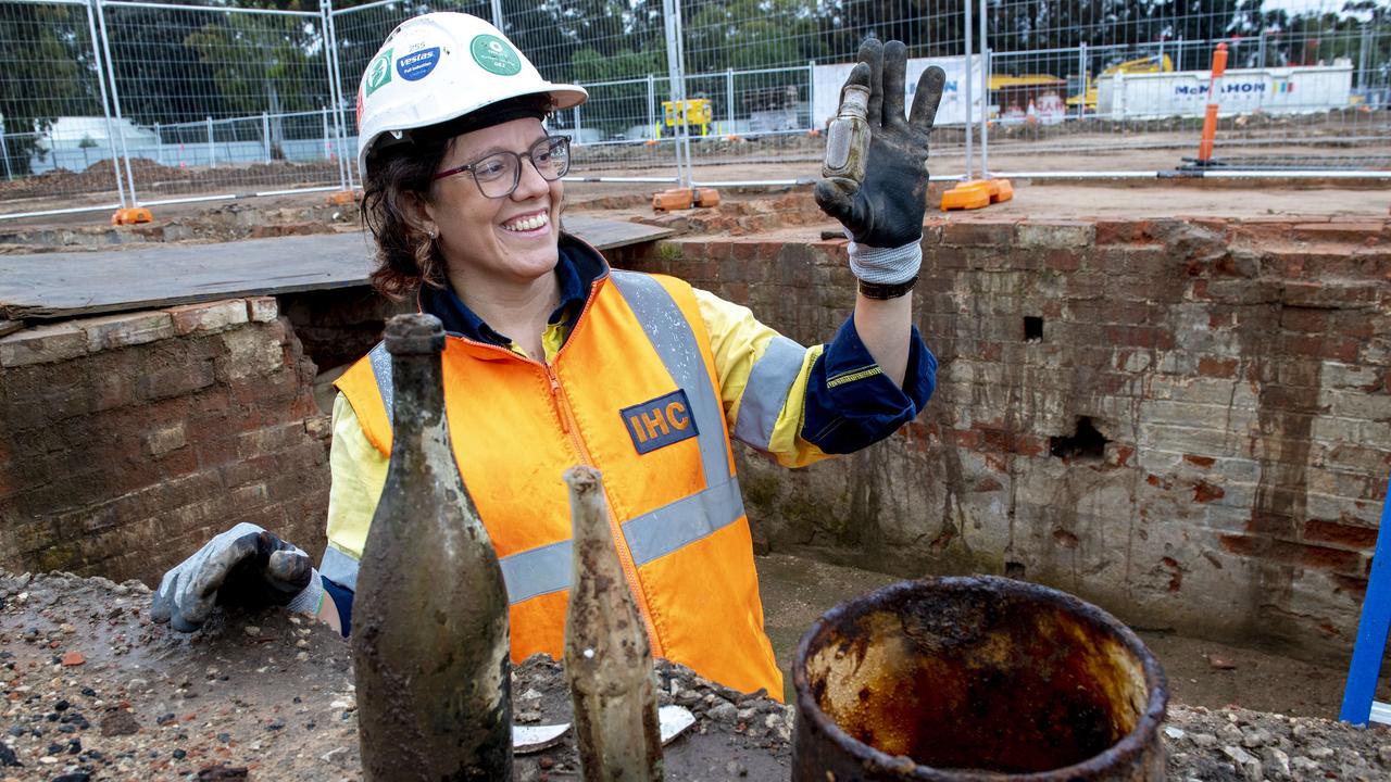 Archaeologist Guadalupe Cincunegui with remnants of Colonel William Light’s cottage at the West End brewery site. Picture: Mark Brake