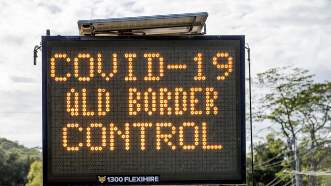 A road sign warning motorists of the COVID-19 QLD Border control by Queensland police enforcing the QLD state border closer due to Coronavirus. Picture: Jerad Williams