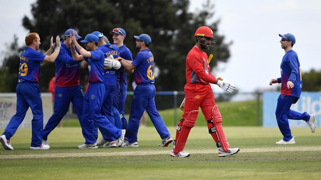 Frankston Peninsula players get around wicketkeeper Sean van Wijk after his one-handed stumping to dismiss Casey South Melbourne’s Daud Malik. Picture: Andrew Batsch