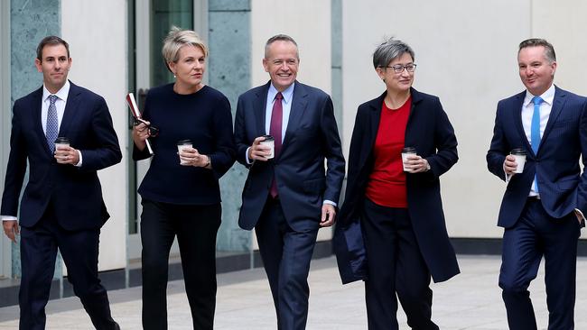 Senior ALP figures (from left) Shadow Minister for Finance Jim Chalmers, Deputy Leader of the Opposition Tanya Plibersek, Leader of the Opposition Bill Shorten, Shadow Minister for Foreign Affairs Penny Wong and Shadow Treasurer Chris Bowen take a coffee break. Picture: Kym Smith