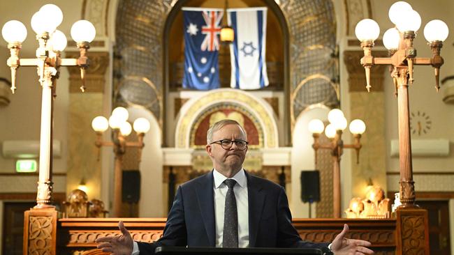 Anthony Albanese speaks during a visit to the St Kilda Shule in Melbourne. Picture: AFP