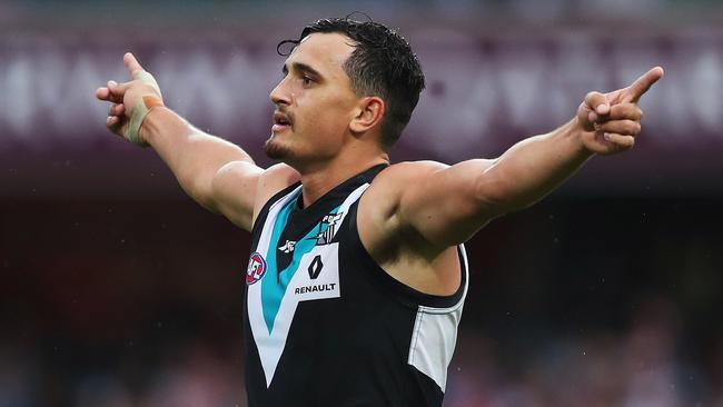 Sam Powell-Pepper celebrates his first AFL goal on debut. Picture: Phil Hillyard