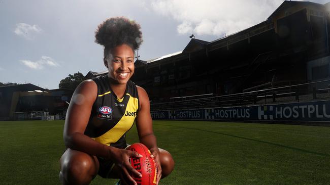 In the last five years Frederick, has gone from little-known WAWFL player to Richmond AFLW Star. Picture: Michael Klein.