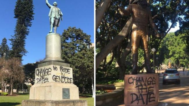 Three historic statues in Hyde Park have been vandalised overnight in an Australia Day protest. Source: 7 News