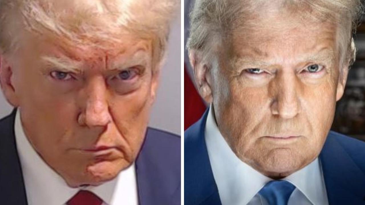 Donald Trump’s new portrait (right) echoes his 2023 mugshot (left).