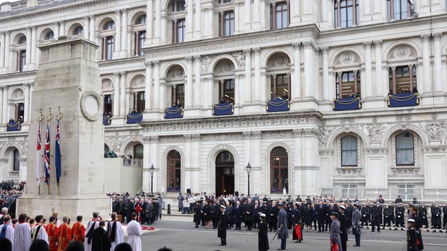 King Charles, at centre, stands with other royal family members and politicians as they attend the National Service of Remembrance at The Cenotaph. Picture: Getty Images