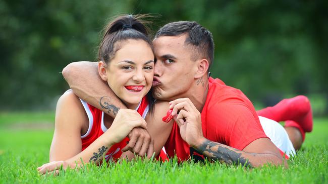 Happier times? The young footy couple in March. Picture: Nicki Connolly