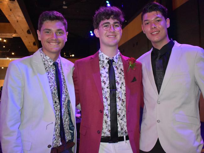 Ben Scott, Eli Kemp and Sebastian Lappegard at the Mackay North State High School Year 12 formal at the Mackay Entertainment and Convention Centre, Saturday November 21, 2020. Picture: Heidi Petith