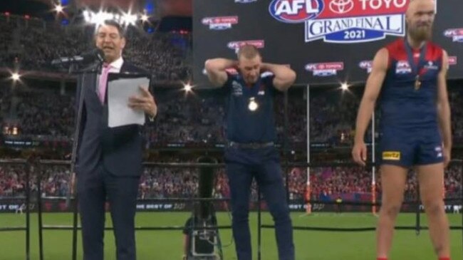 MC Basil Zempilas speaks after the grand final.