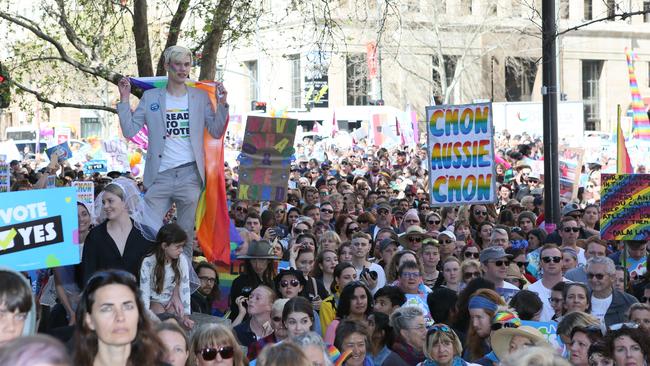 About 5000 people have rallied in Adelaide’s CBD in support of same-sex marriage. Picture: AAP/Emma Brasier