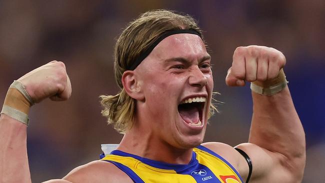 PERTH, AUSTRALIA - APRIL 20: Harley Reid of the Eagles celebrates after scoring a goal during the 2024 AFL Round 06 match between the West Coast Eagles and the Fremantle Dockers at Optus Stadium on April 20, 2024 in Perth, Australia. (Photo by Will Russell/AFL Photos via Getty Images)