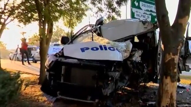 Moreton Bay man arrested after crashing cop car. Picture – 9News Queensland.