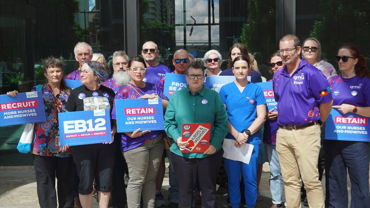 Queensland Health nurses and midwives meet outside the 1 William St government offices on Friday. Picture: Facebook