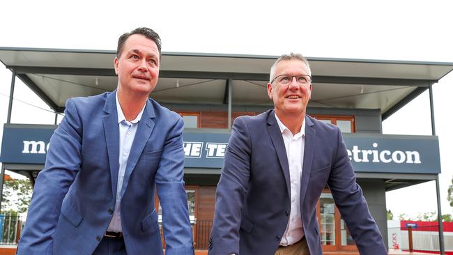 Metricon Director Queensland Jason Biasin and Suns CEO Mark Evans enjoy the view from Terrace viewing area in 2019. Picture: Tim Marsden