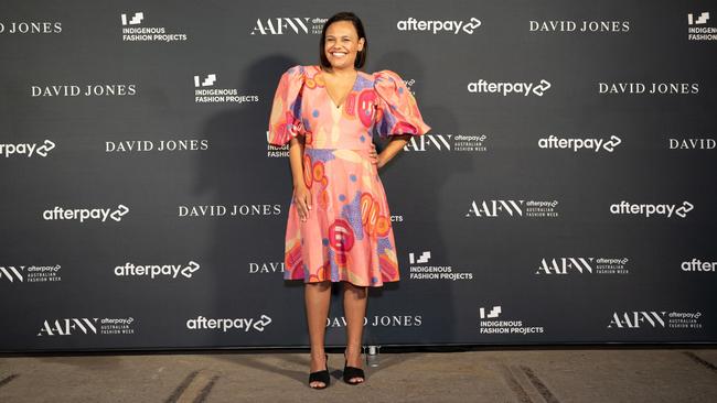 Actor Miranda Tapsell in a Miimi &amp; Jiinda outfit at the David Jones Indigenous Fashion Projects. Picture: Dylan Buckee