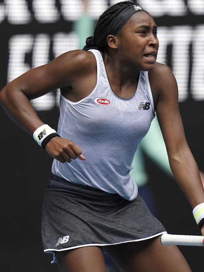 Coco Gauff gets fired up during her second-round win. Picture: AP