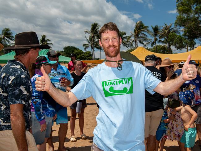 Winner of the MenÃ•s SlappaÃ•s Thong Throw James Walker at the Darwin Beer Can Regatta at Mindil Beach, 2024. Picture: Pema Tamang Pakhrin