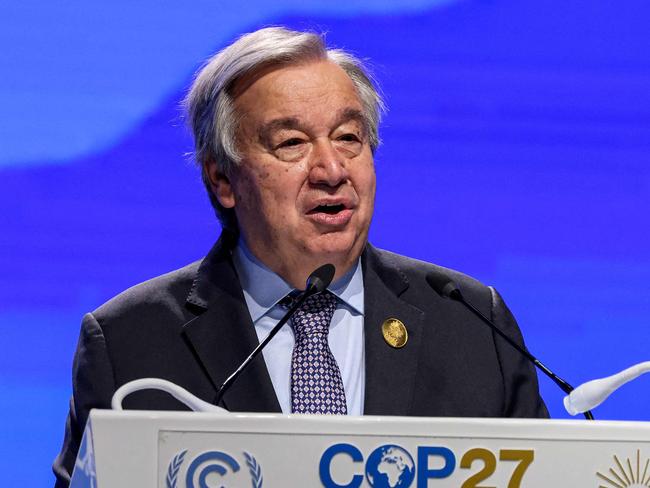 United Nations Secretary General Antonio Gutteres delivers a speech at an event launch for the climate TRACE initiative -- a greenhouse gases inventory of the largest facility-level sources -- during the COP27 climate conference at the Sharm el-Sheikh International Convention Centre, in Egypt's Red Sea resort city of the same name, on November 9, 2022. (Photo by Joseph EID / AFP)