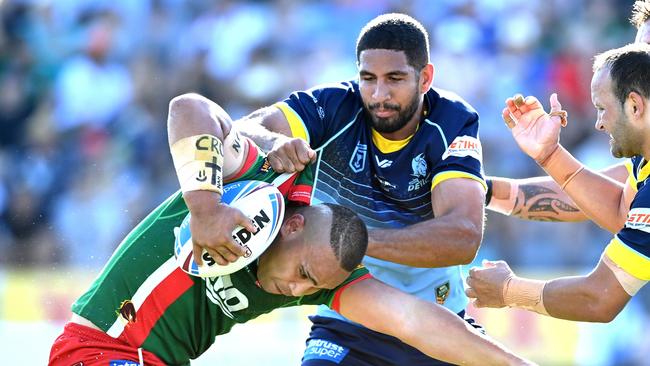 BRISBANE, AUSTRALIA - OCTOBER 10: Kalolo Saitaua of the Seagulls is tackled by Nene McDonald of the Devils during the 2021 QRL Intrust Super Cup Grand Final match between the Norths Devils and the Wynnum-Manly Seagulls at Moreton Daily Stadium on October 10, 2021, in Brisbane, Australia. (Photo by Bradley Kanaris/Getty Images)