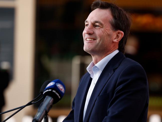 MELBOURNE, AUSTRALIA - JUNE 27: Andrew Dillon, Chief Executive Officer of the AFL speaks with media during the Toyota AFL Open Launch at Marvel Stadium on June 27, 2024 in Melbourne, Australia. (Photo by Michael Willson/AFL Photos via Getty Images)