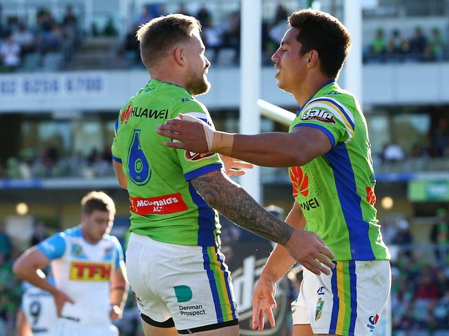 Joseph Tapine of the Raiders is congratulated by Blake Austin. Picture: Getty Images