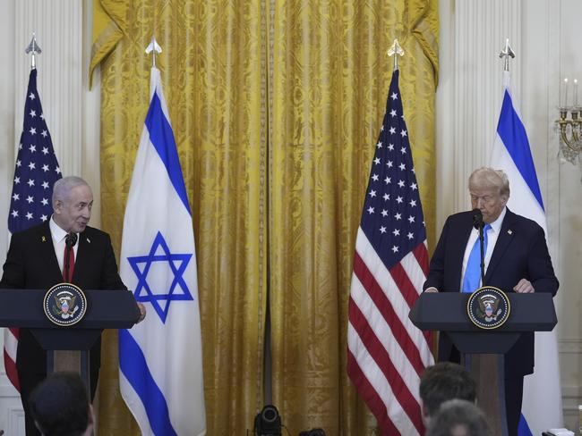 President Donald Trump and Israeli Prime Minister Benjamin Netanyahu speak during a news conference in the East Room of the White House, Tuesday, Feb. 4, 2025, in Washington. (AP Photo/Alex Brandon)