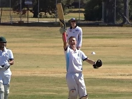 Aberfeldie St Johns batsman Adam Gray celebrates reaching 200. Picture: Supplied. 