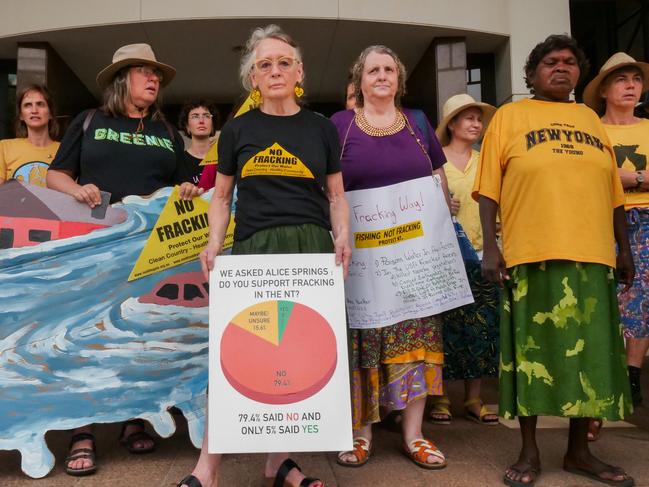 Protesters at an anti-fracking demonstration in Darwin ahead of a Supreme Court challenge against former Environment Minister Lauren Moss’s approval of Tamboran’s exploration fracking project in the Beetaloo. Picture: Pema Tamang Pakhrin