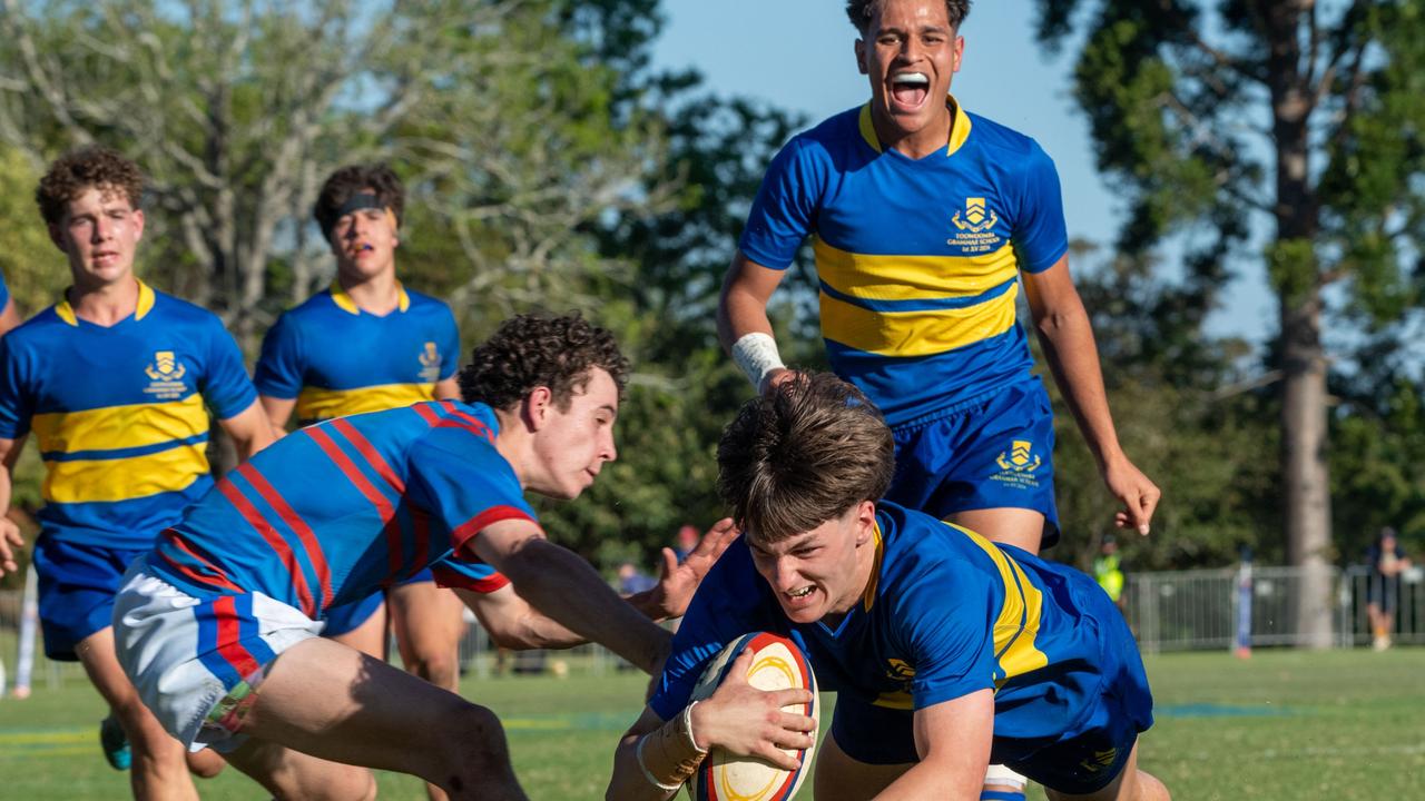 Adam Davis scores a try for TGS. 2024 O'Callaghan Cup at Downlands College. Photo by Nev Madsen