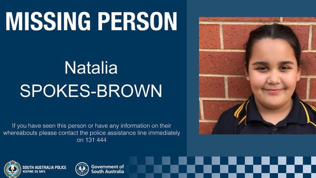 Missing girl Natalia Spokes-Brown, 10. Picture: SA Police Facebook