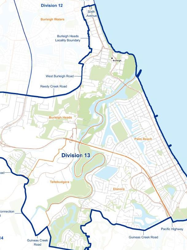 The new Division 13 council boundary map showing Burleigh Heads will be part of the Palm Beach division.