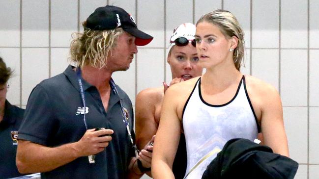 Coach Dean Boxall with Shayna Jack at the 2021 Queensland Championships in Brisbane. Picture: Steve Pohlner