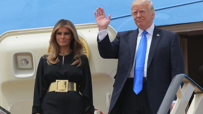 US President Donald Trump and First Lady Melania Trump step off Air Force One upon arrival at King Khalid International Airport in Riyadh on May 20, 2017. Picture: Mandel Ngan