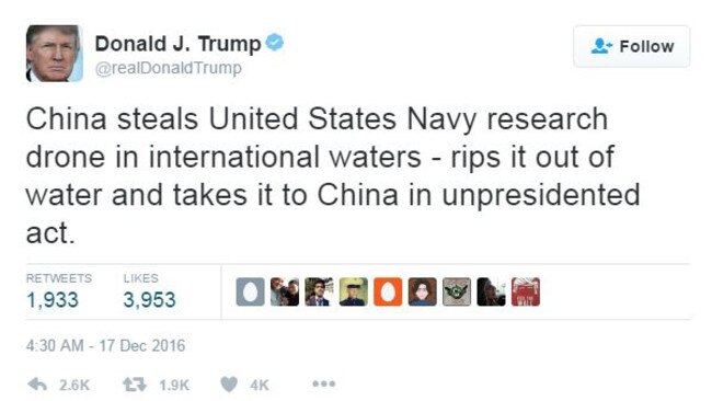 Donald Trump called China’s seizing of a US navy drone 